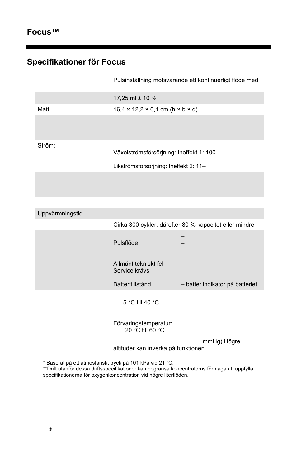 Focus™ sv, Specifikationer för focus | AirSep MN172-1 User Manual | Page 407 / 502