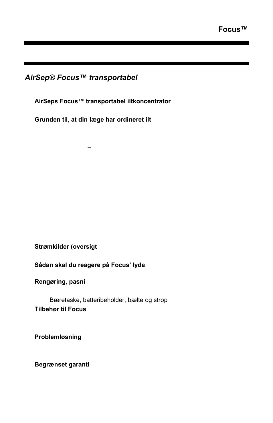 Focus, Indhold, Airsep® focus™ transportabel iltkoncentrator | AirSep MN172-1 User Manual | Page 414 / 502