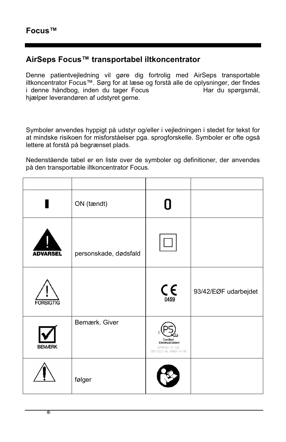 Focus™ da, Airseps focus™ transportabel iltkoncentrator, Symboler | AirSep MN172-1 User Manual | Page 415 / 502