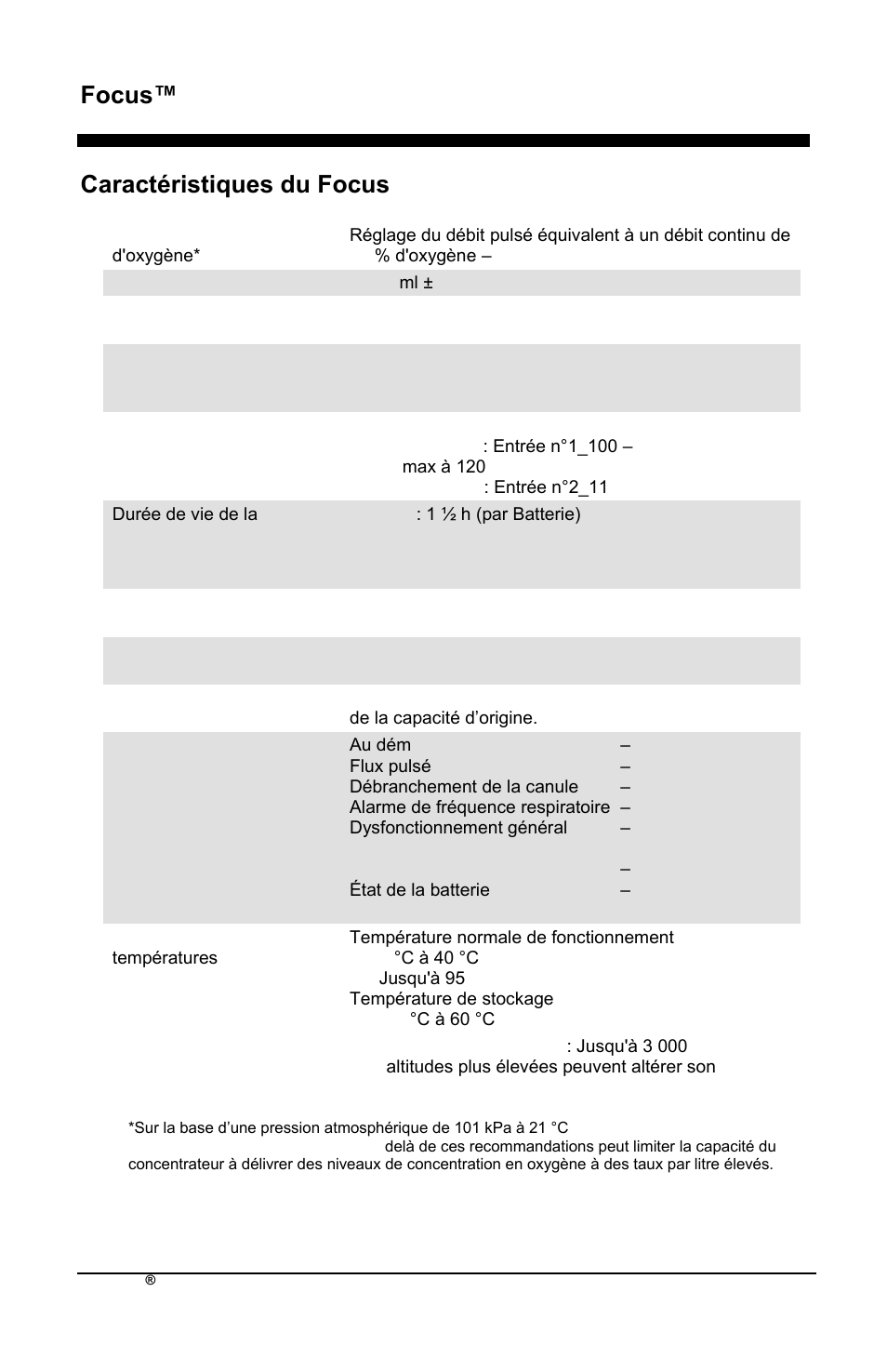 Focus™ fr, Caractéristiques du focus | AirSep MN172-1 User Manual | Page 43 / 502