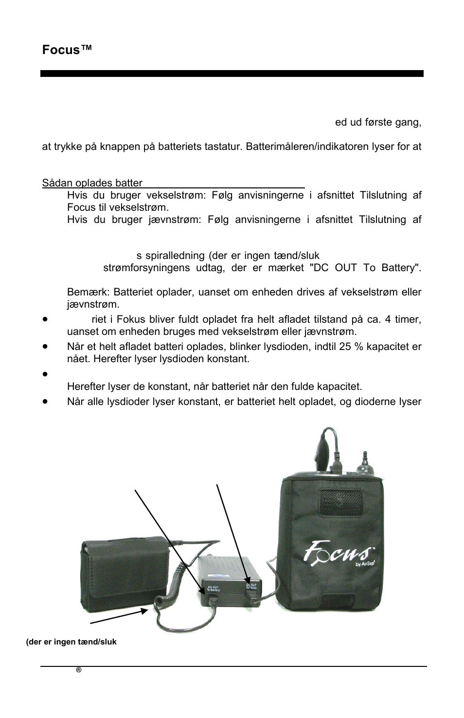 Focus™ da, Batteriopladning | AirSep MN172-1 User Manual | Page 431 / 502