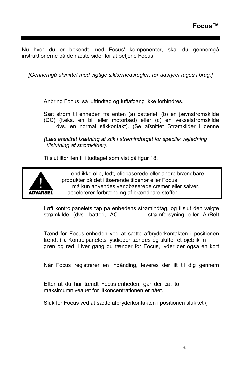 Focus, Betjeningsvejledning | AirSep MN172-1 User Manual | Page 438 / 502
