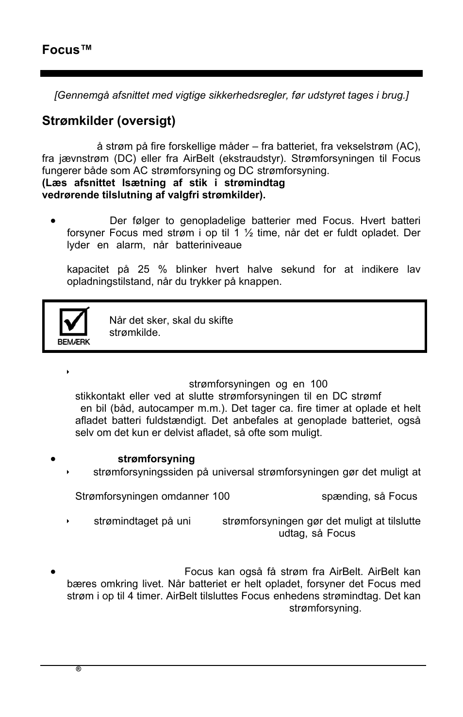 Focus™ da, Strømkilder (oversigt) | AirSep MN172-1 User Manual | Page 439 / 502