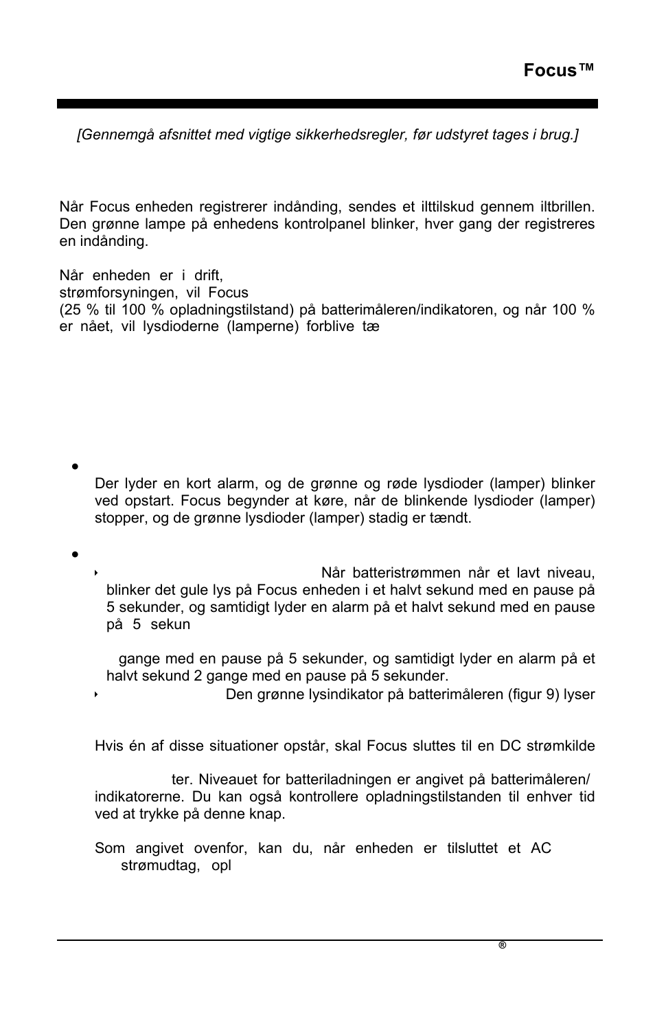 Focus, Lydalarm og indikatorlamper | AirSep MN172-1 User Manual | Page 440 / 502