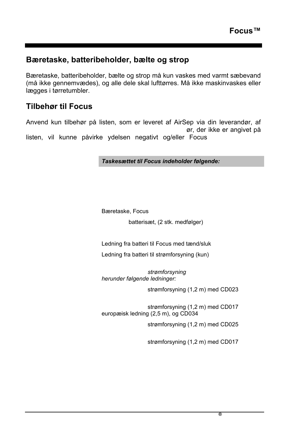 Focus, Bæretaske, batteribeholder, bælte og strop, Tilbehør til focus | AirSep MN172-1 User Manual | Page 446 / 502