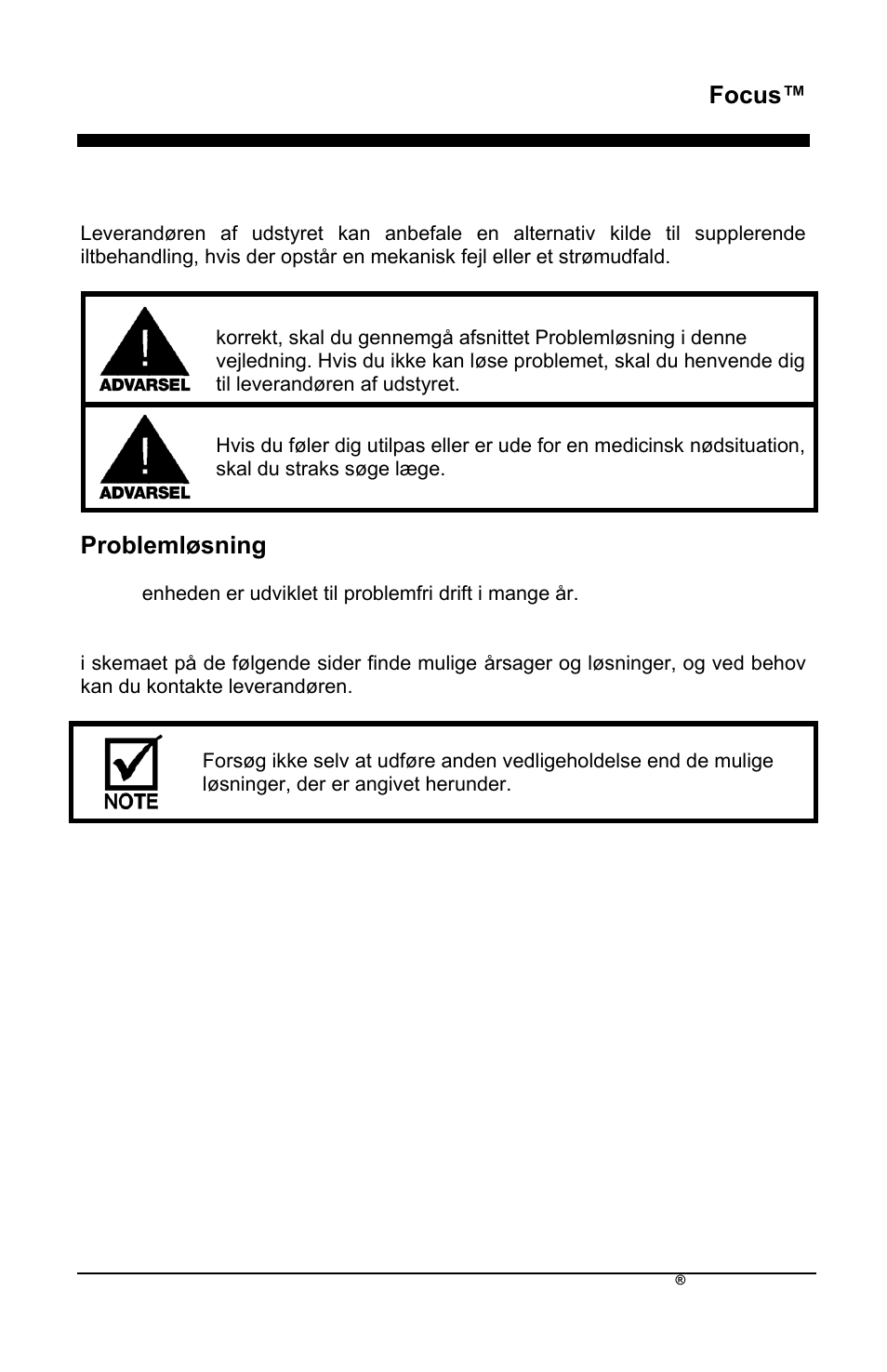 Focus, Reserveiltforsyning, Problemløsning | AirSep MN172-1 User Manual | Page 448 / 502