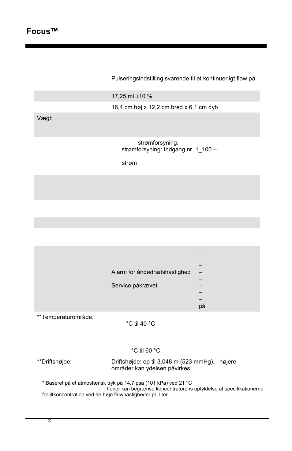Focus™ da, Specifikationer til focus | AirSep MN172-1 User Manual | Page 451 / 502