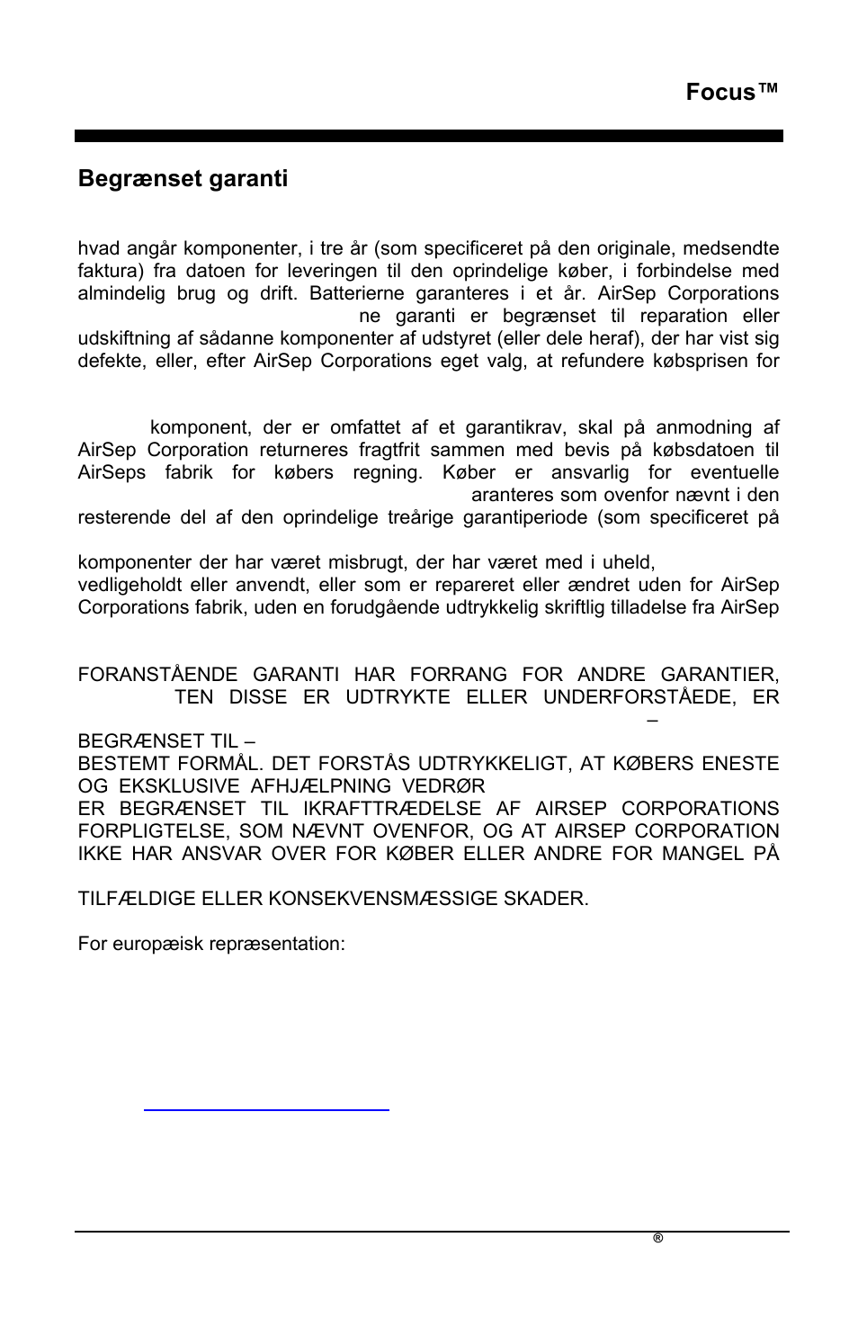 Focus, Begrænset garanti | AirSep MN172-1 User Manual | Page 456 / 502