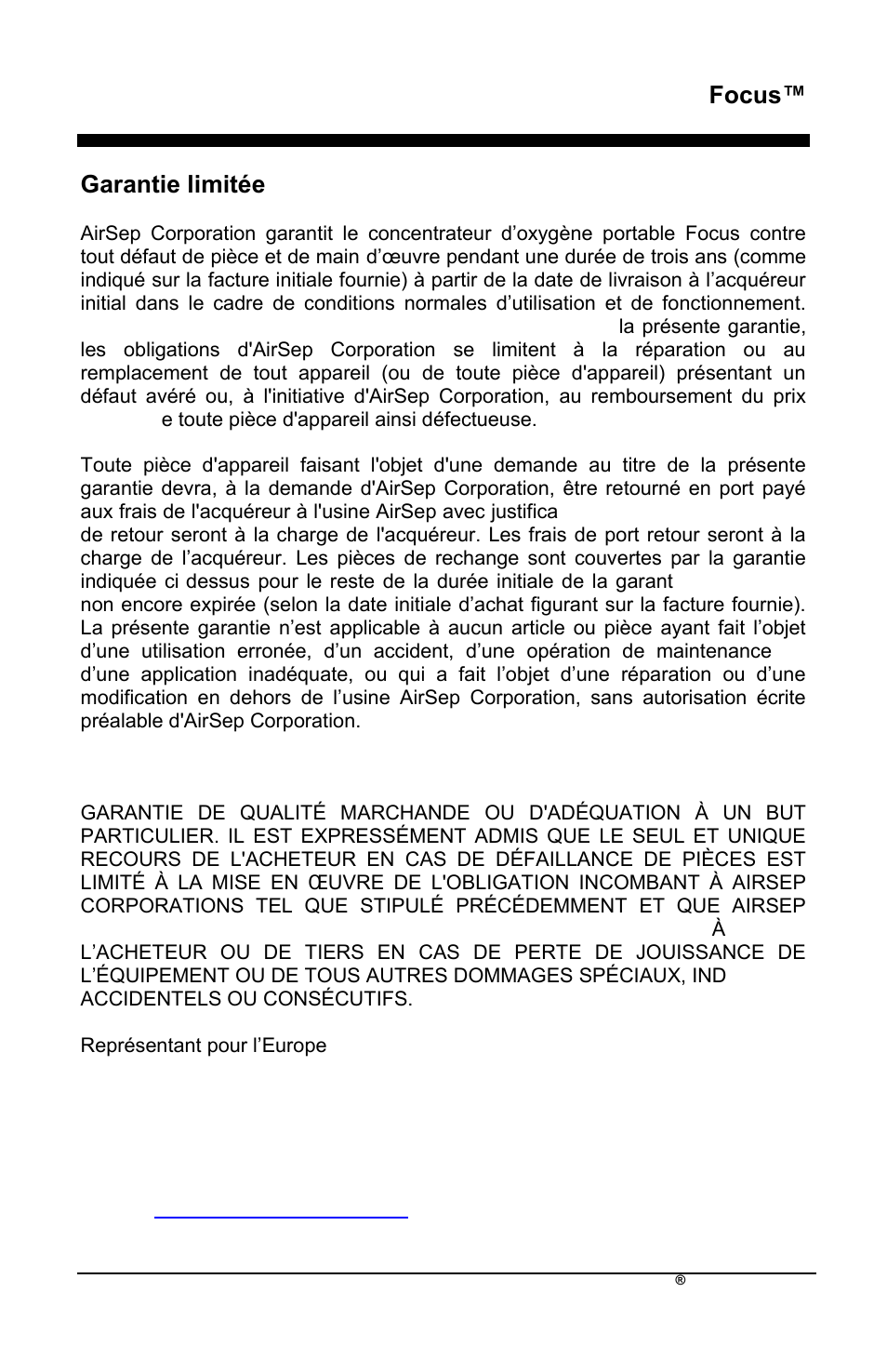 Fr focus, Garantie limitée | AirSep MN172-1 User Manual | Page 48 / 502