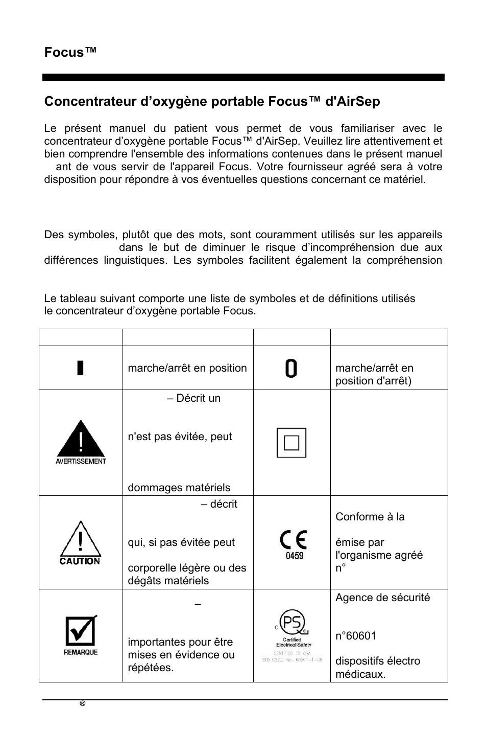 Focus™ fr, Concentrateur d’oxygène portable focus™ d'airsep, Symboles | AirSep MN172-1 User Manual | Page 5 / 502