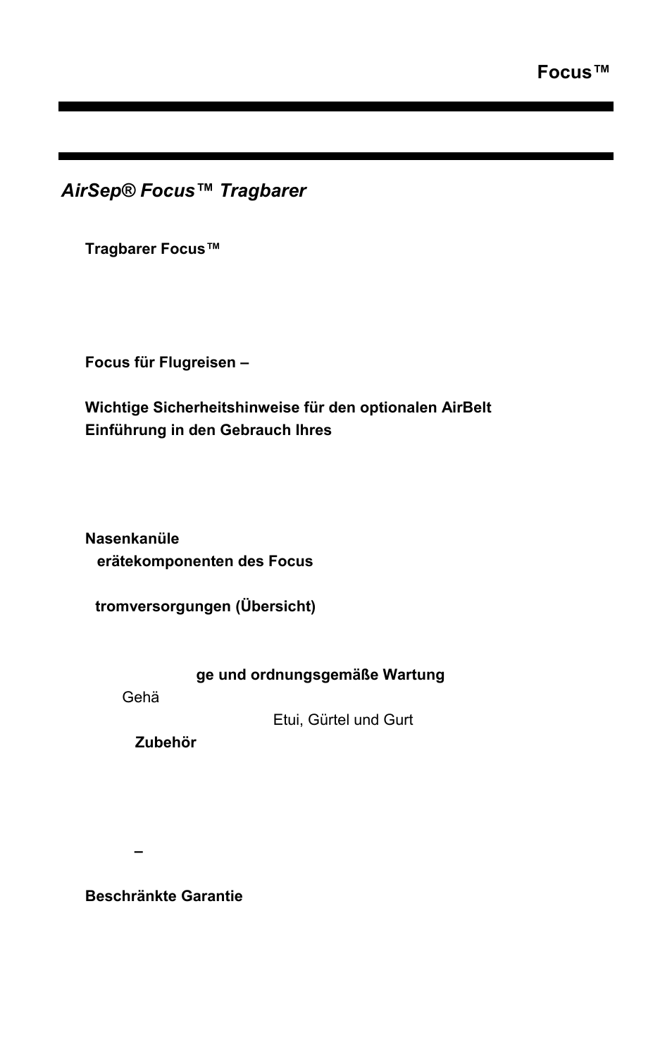 Focus, Inhalt, Airsep® focus™ tragbarer sauerstoffkonzentrator | AirSep MN172-1 User Manual | Page 50 / 502