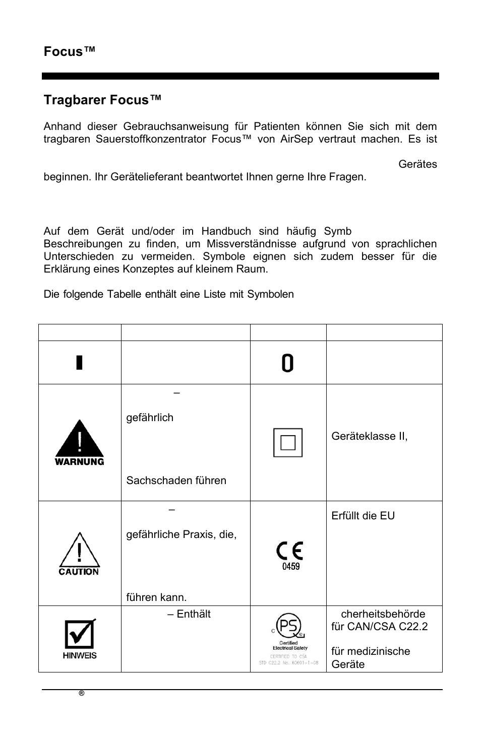 Focus™ de, Tragbarer focus™-sauerstoffkonzentrator von airsep, Symbole | AirSep MN172-1 User Manual | Page 51 / 502