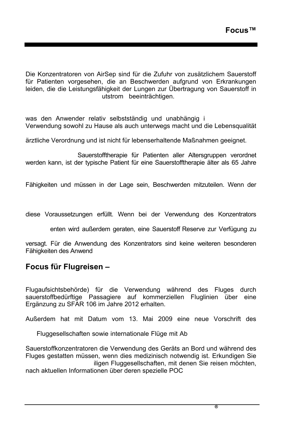 Focus, Bedienerprofil, Focus für flugreisen – faa-zugelassen | AirSep MN172-1 User Manual | Page 54 / 502