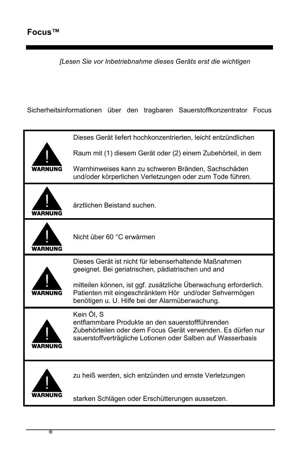 Focus™ de, Wichtige sicherheitsvorschriften | AirSep MN172-1 User Manual | Page 55 / 502