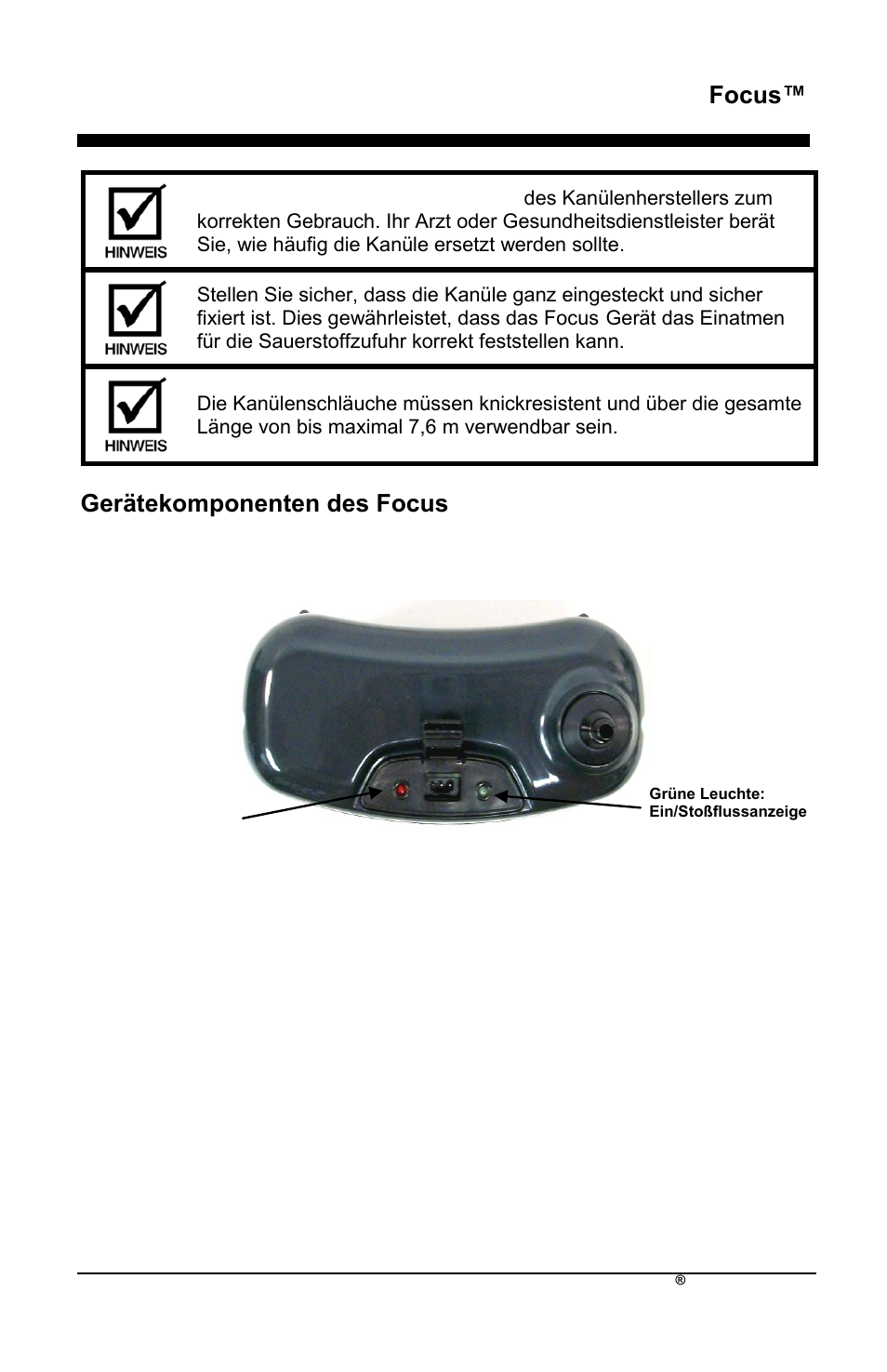 Focus, Gerätekomponenten des focus | AirSep MN172-1 User Manual | Page 74 / 502
