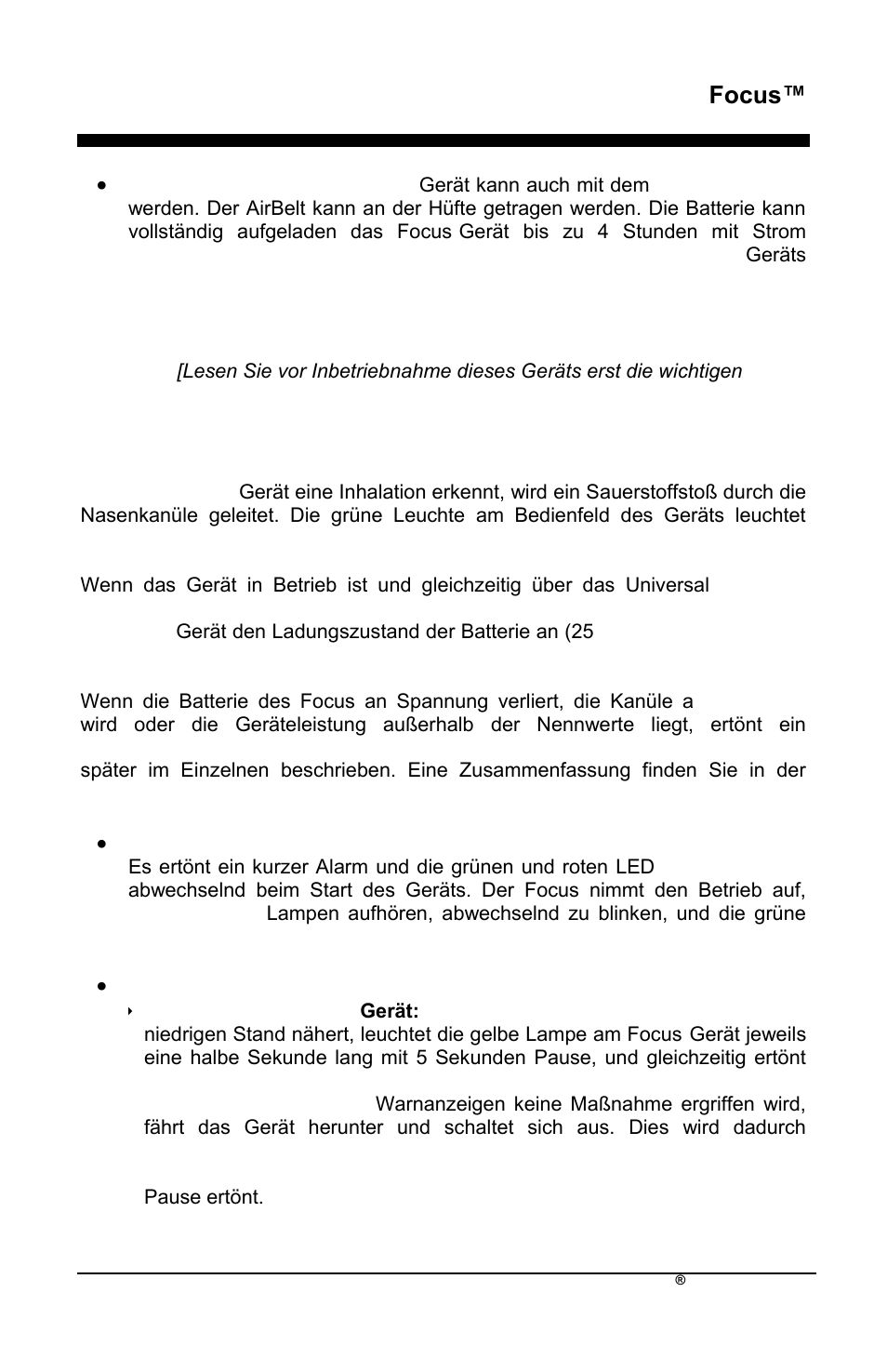 Focus, Akustischer alarm und anzeigelampen | AirSep MN172-1 User Manual | Page 78 / 502