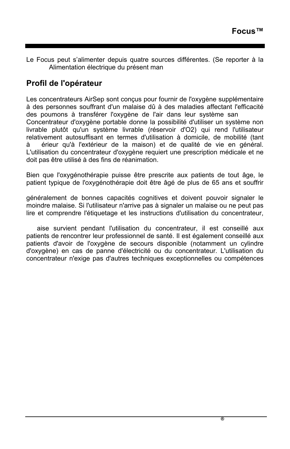 Fr focus, Profil de l'opérateur | AirSep MN172-1 User Manual | Page 8 / 502