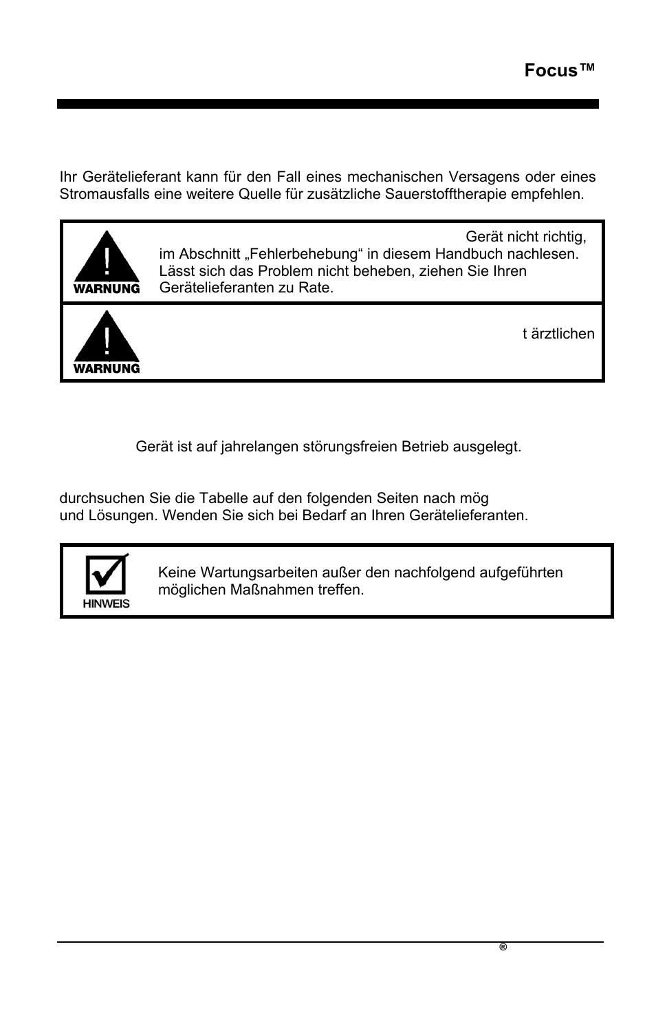Focus, Alternative sauerstoffzufuhr, Fehlerbehebung | AirSep MN172-1 User Manual | Page 86 / 502
