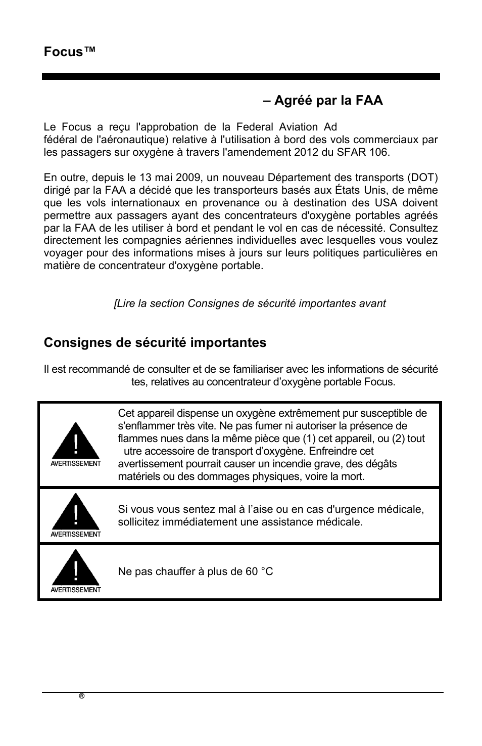 Focus™ fr, Consignes de sécurité importantes | AirSep MN172-1 User Manual | Page 9 / 502