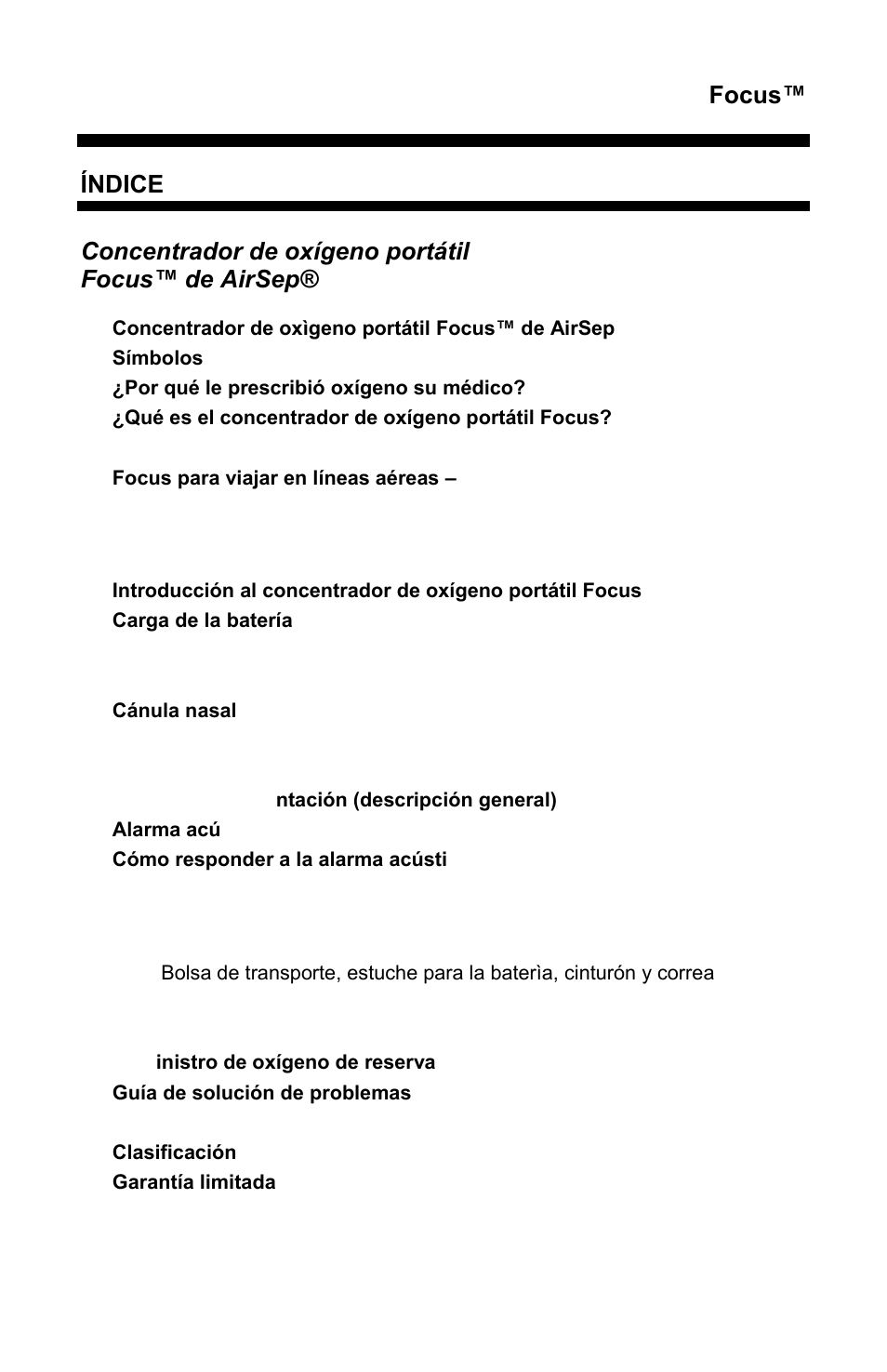 Focus, Índice, Concentrador de oxígeno portátil focus™ de airsep | AirSep MN172-1 User Manual | Page 96 / 502