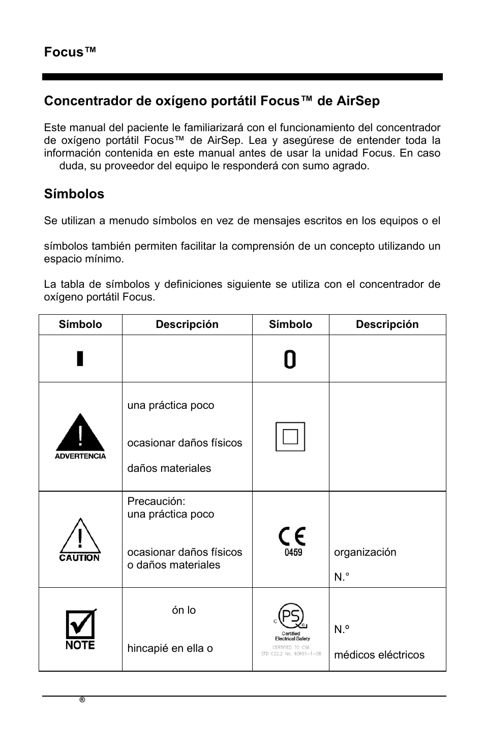 Focus™ es, Concentrador de oxìgeno portátil focus™ de airsep, Sìmbolos | AirSep MN172-1 User Manual | Page 97 / 502