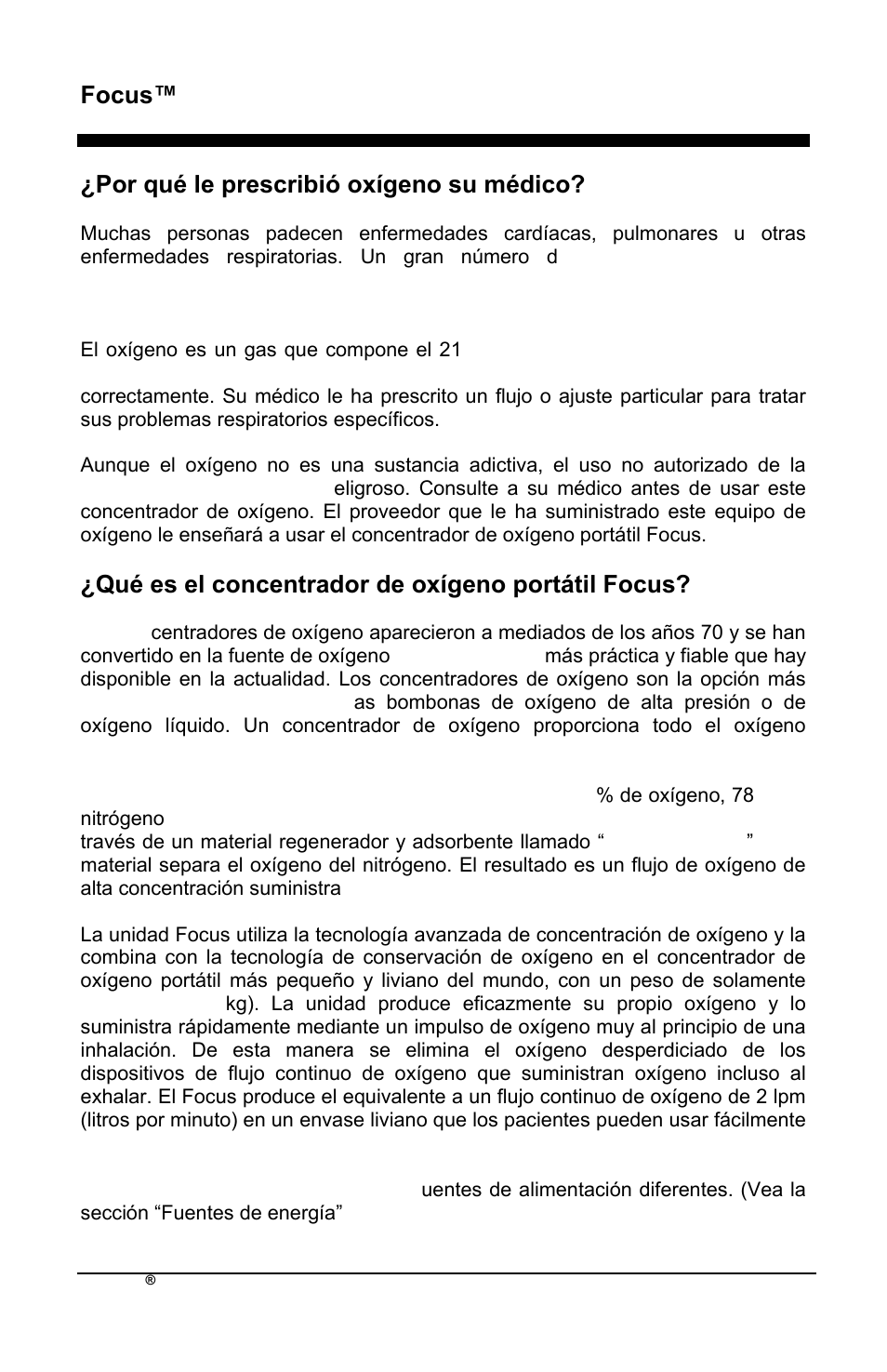 Focus™ es, Por qué le prescribió oxìgeno su médico, Qué es el concentrador de oxìgeno portátil focus | AirSep MN172-1 User Manual | Page 99 / 502