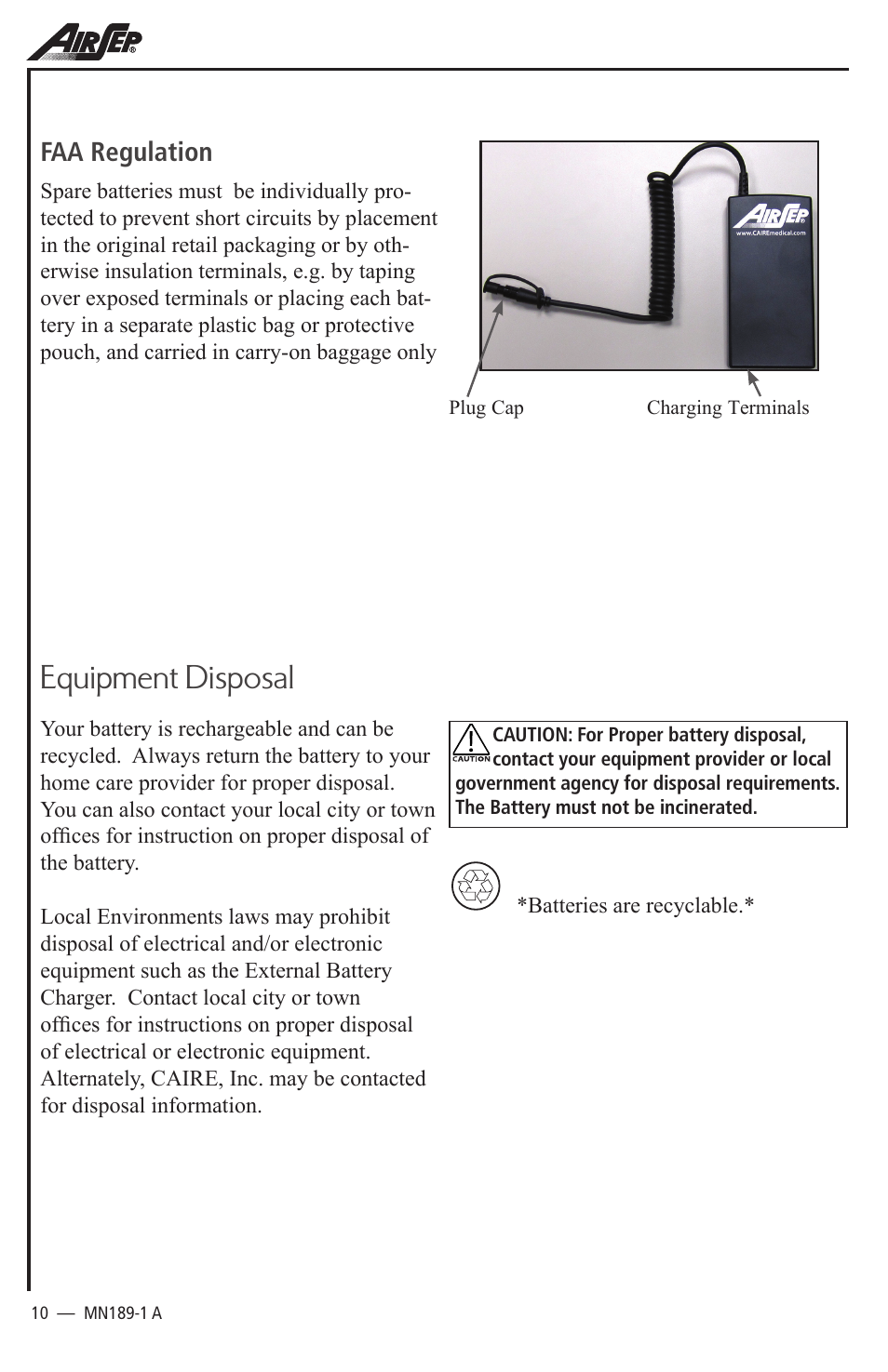 Equipment disposal, Faa regulation | AirSep MN189-1 User Manual | Page 10 / 12