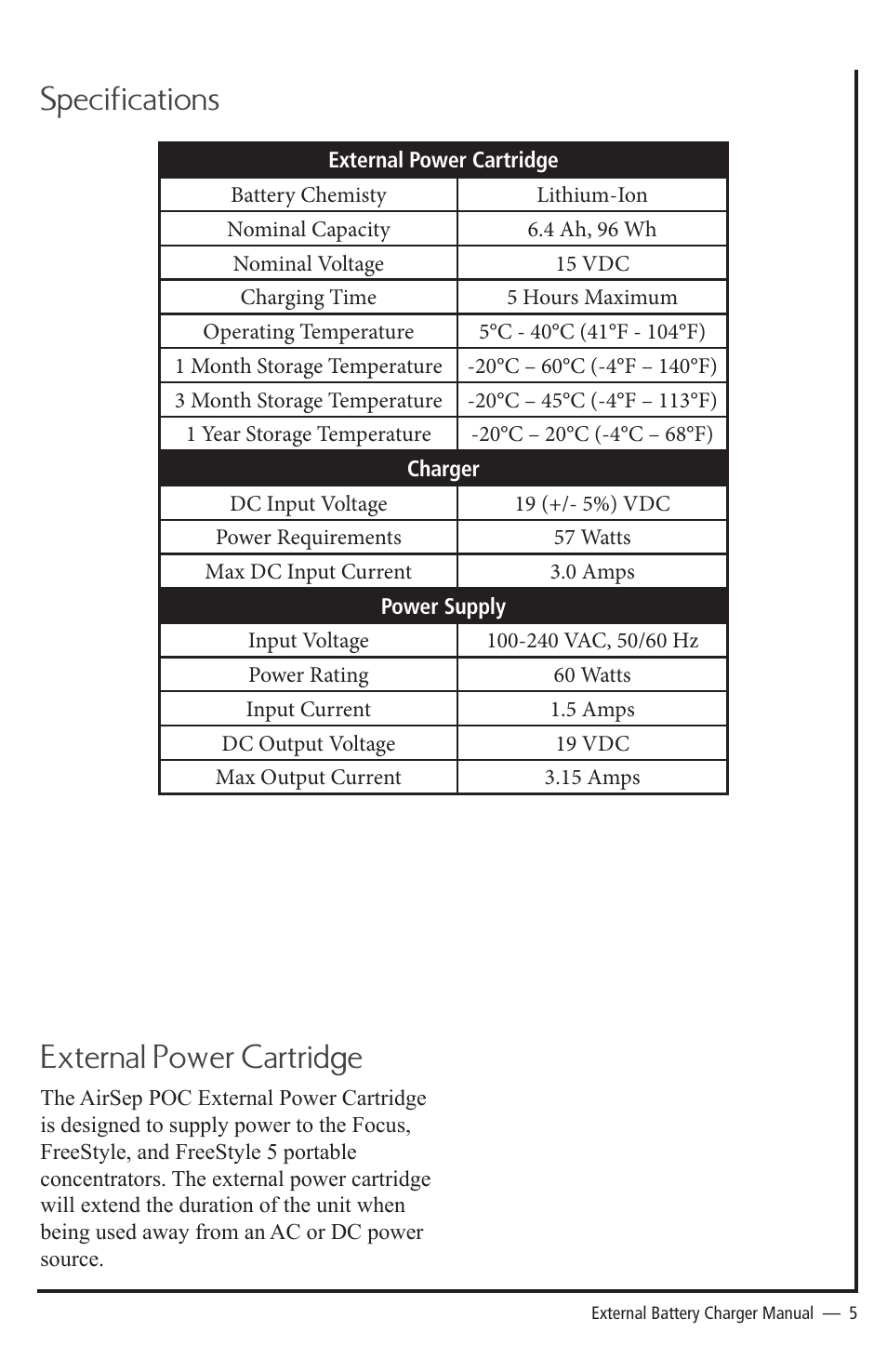Specifications external power cartridge | AirSep MN189-1 User Manual | Page 5 / 12