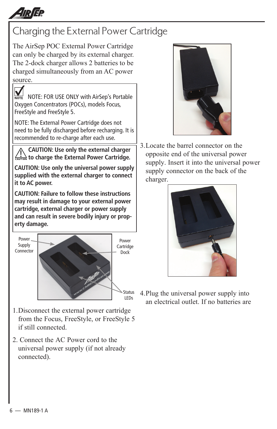 Charging the external power cartridge | AirSep MN189-1 User Manual | Page 6 / 12