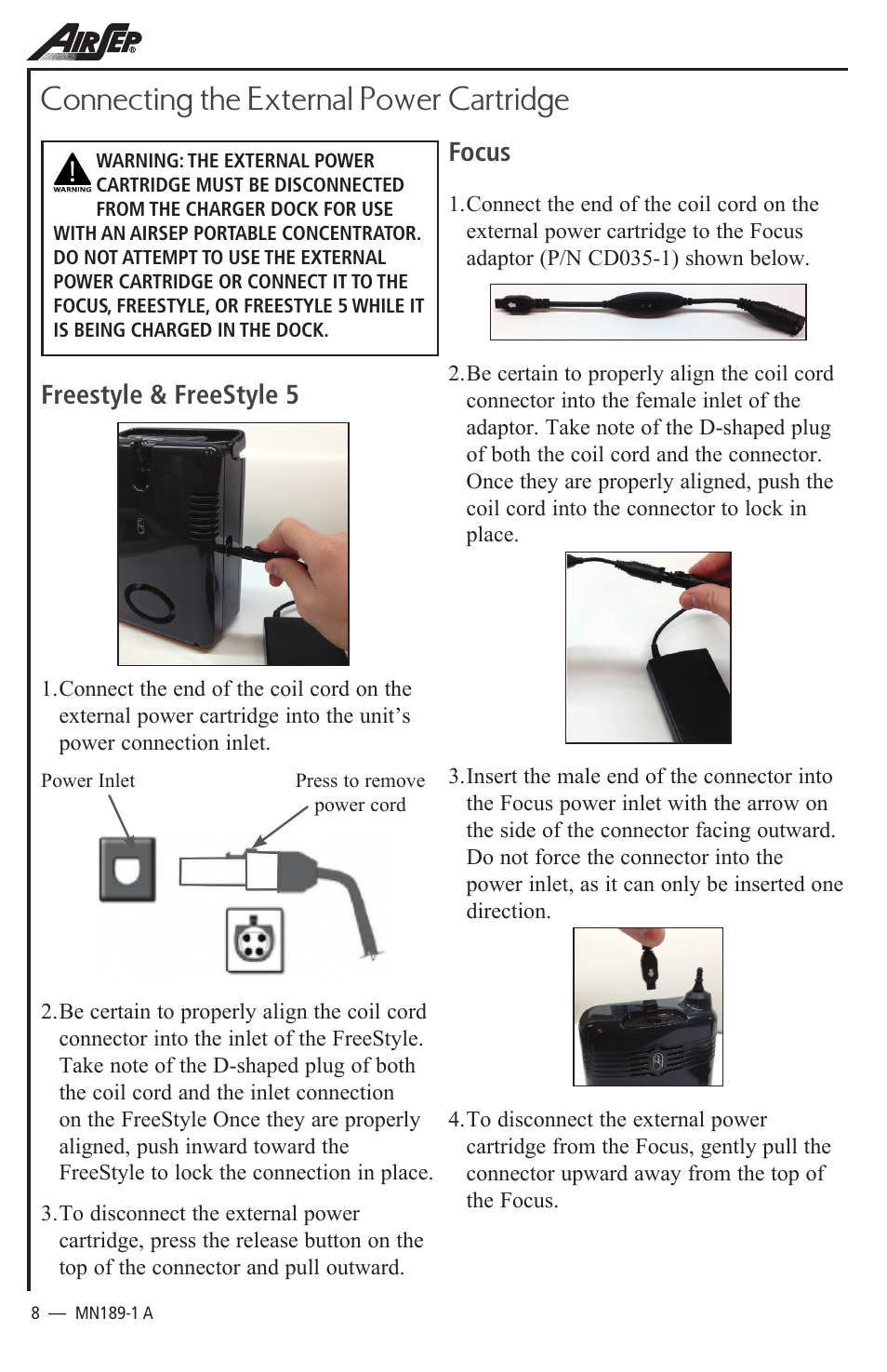 Connecting the external power cartridge, Freestyle & freestyle 5, Focus | AirSep MN189-1 User Manual | Page 8 / 12