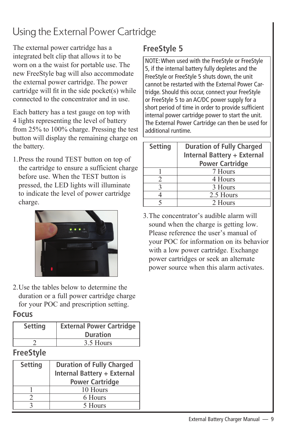 Using the external power cartridge, Focus, Freestyle | Freestyle 5 | AirSep MN189-1 User Manual | Page 9 / 12