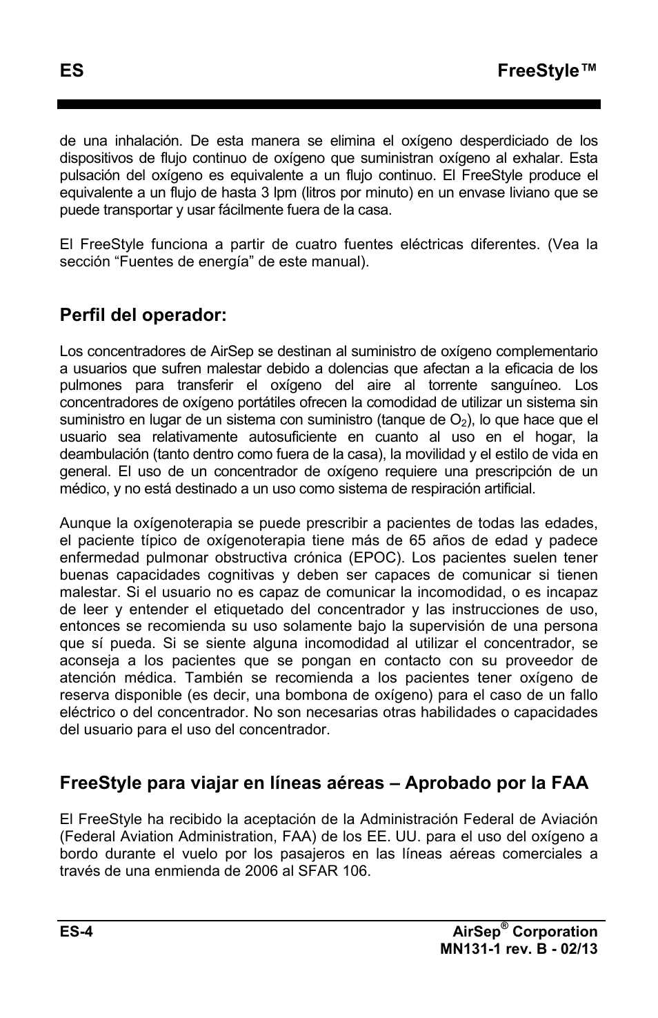 Freestyle, Perfil del operador | AirSep MN131-1 B User Manual | Page 112 / 556