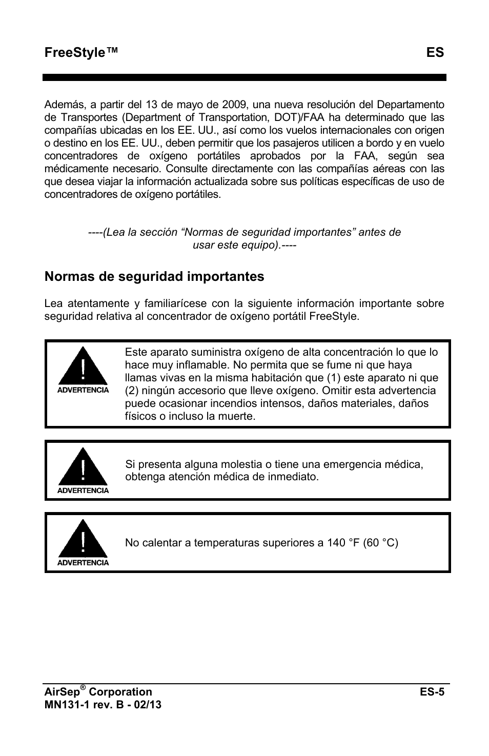 Freestyle™ es, Normas de seguridad importantes | AirSep MN131-1 B User Manual | Page 113 / 556