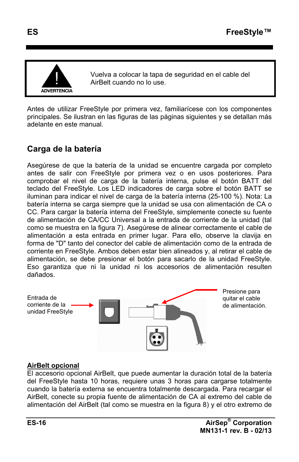 Freestyle, Carga de la batería | AirSep MN131-1 B User Manual | Page 124 / 556
