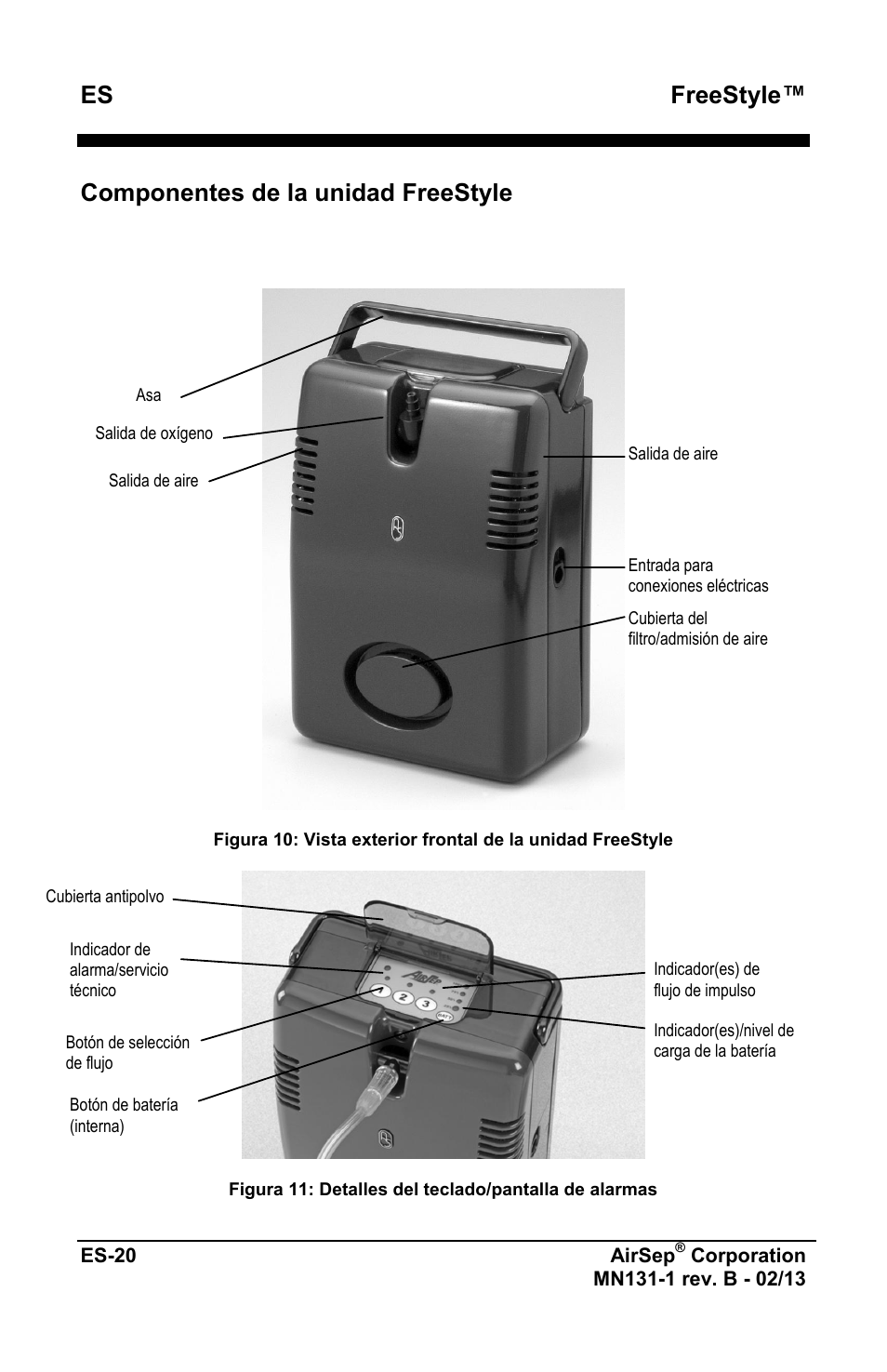 Freestyle, Componentes de la unidad freestyle | AirSep MN131-1 B User Manual | Page 128 / 556