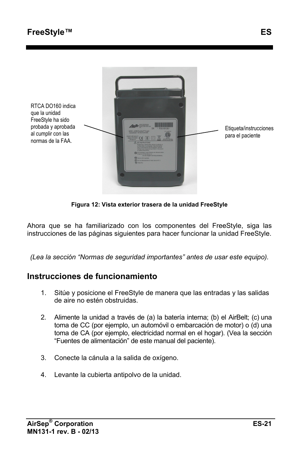 Freestyle™ es, Instrucciones de funcionamiento | AirSep MN131-1 B User Manual | Page 129 / 556