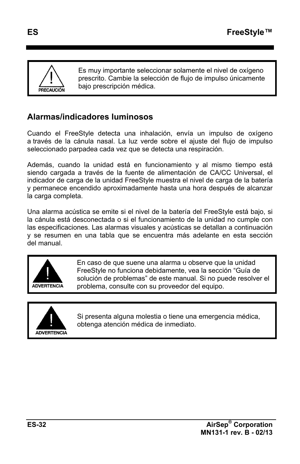 Freestyle, Alarmas/indicadores luminosos | AirSep MN131-1 B User Manual | Page 140 / 556