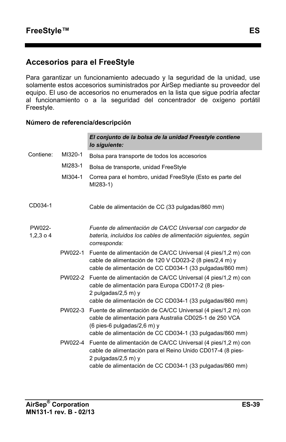 Freestyle™ es, Accesorios para el freestyle | AirSep MN131-1 B User Manual | Page 147 / 556