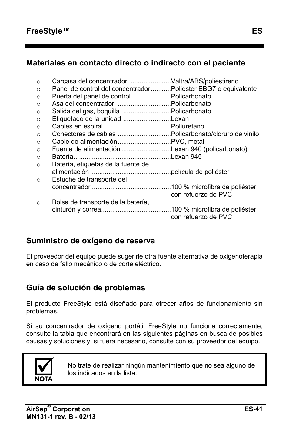 Freestyle™ es, Suministro de oxígeno de reserva, Guía de solución de problemas | AirSep MN131-1 B User Manual | Page 149 / 556