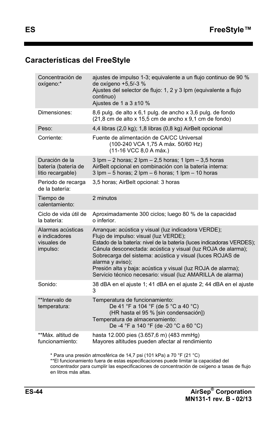 Freestyle, Características del freestyle | AirSep MN131-1 B User Manual | Page 152 / 556