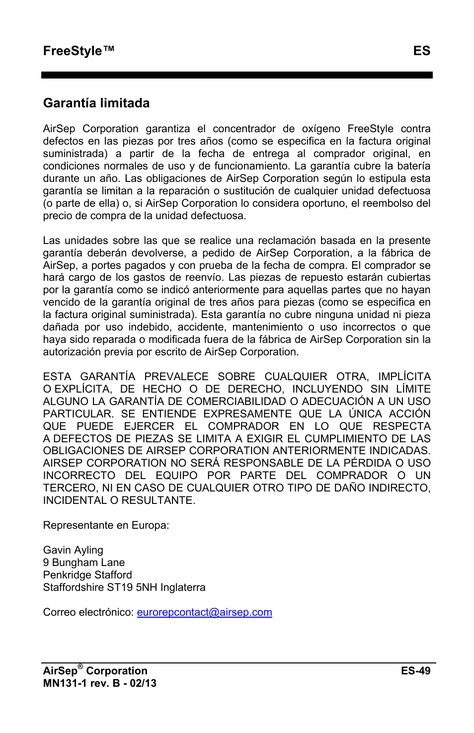 Freestyle™ es, Garantía limitada | AirSep MN131-1 B User Manual | Page 157 / 556