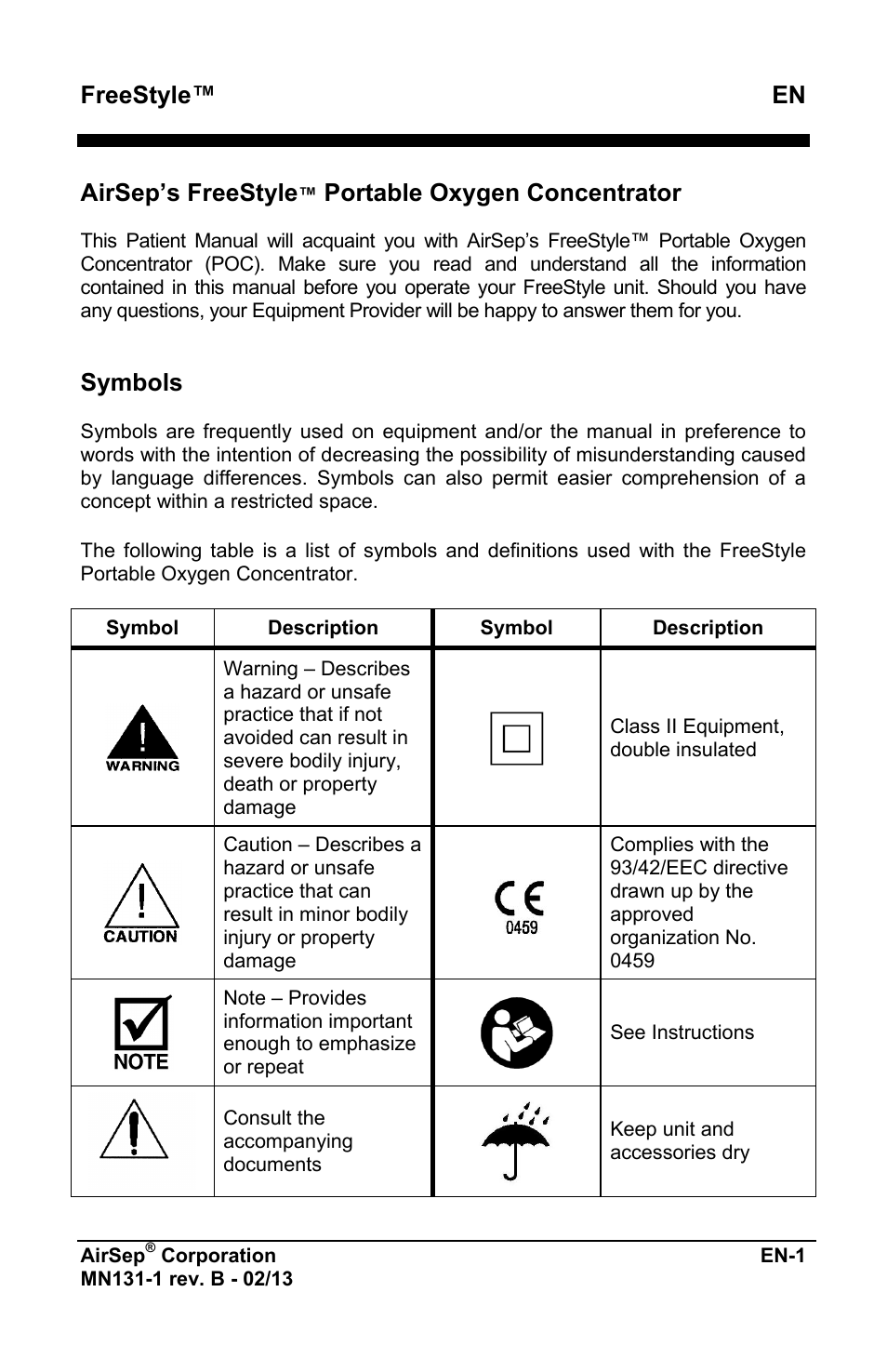 Freestyle™ en, Airsep’s freestyle, Portable oxygen concentrator | Symbols | AirSep MN131-1 B User Manual | Page 213 / 556