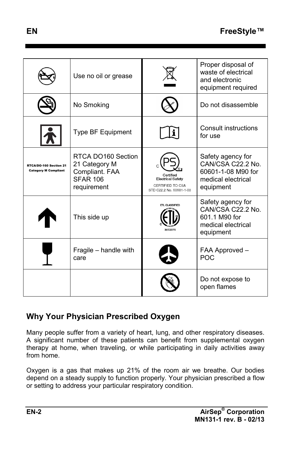 Freestyle, Why your physician prescribed oxygen | AirSep MN131-1 B User Manual | Page 214 / 556
