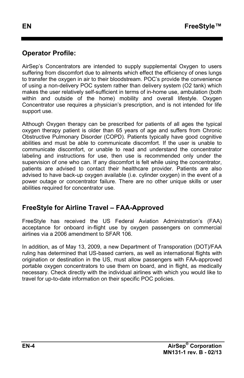 Freestyle, Operator profile, Freestyle for airline travel – faa-approved | AirSep MN131-1 B User Manual | Page 216 / 556