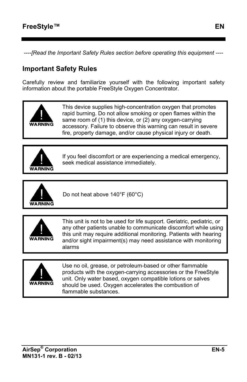 Freestyle™ en, Important safety rules | AirSep MN131-1 B User Manual | Page 217 / 556