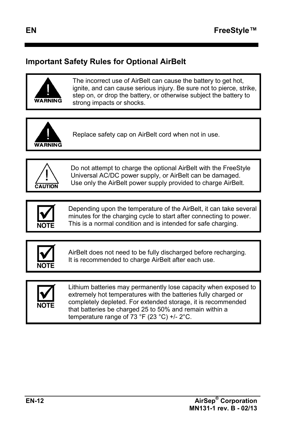 Freestyle, Important safety rules for optional airbelt | AirSep MN131-1 B User Manual | Page 224 / 556