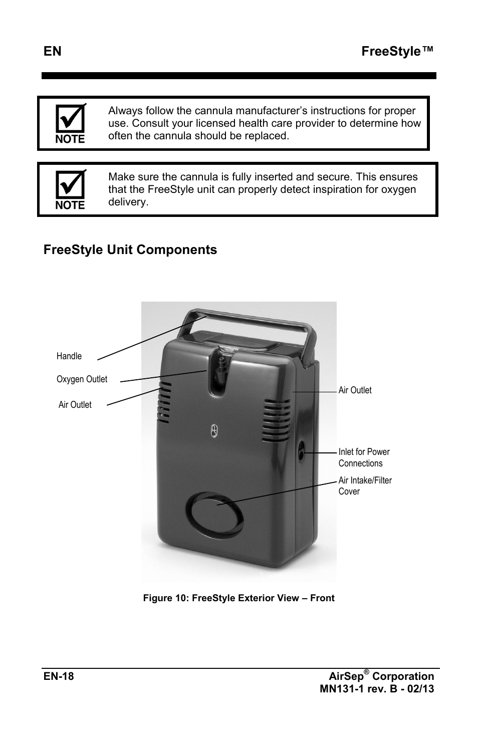 Freestyle, Freestyle unit components | AirSep MN131-1 B User Manual | Page 230 / 556