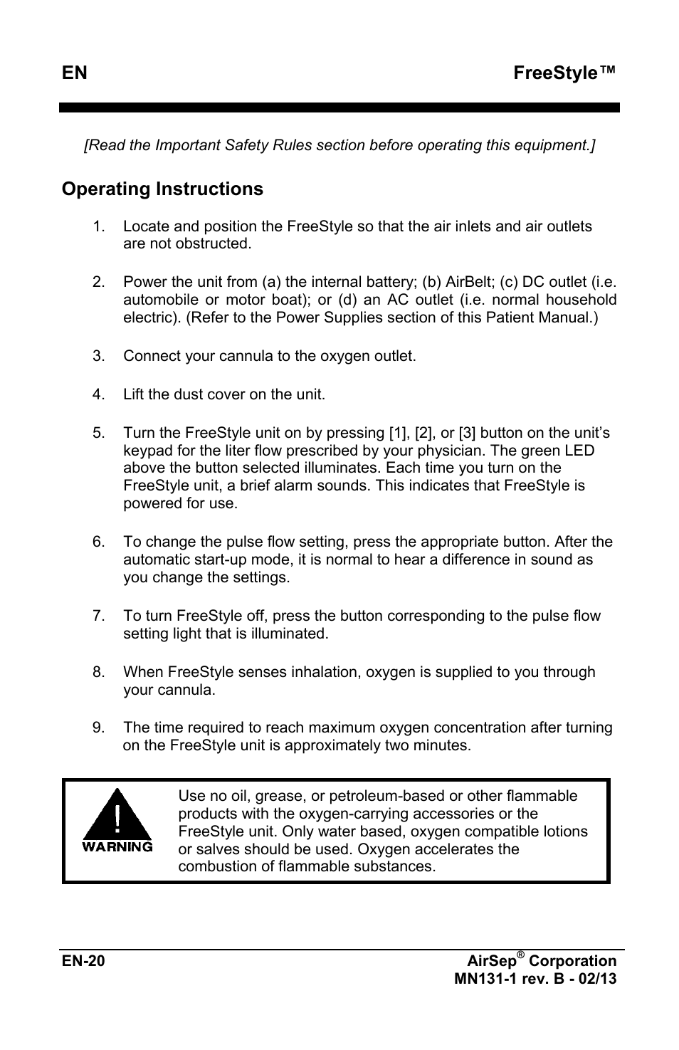 Freestyle, Operating instructions | AirSep MN131-1 B User Manual | Page 232 / 556