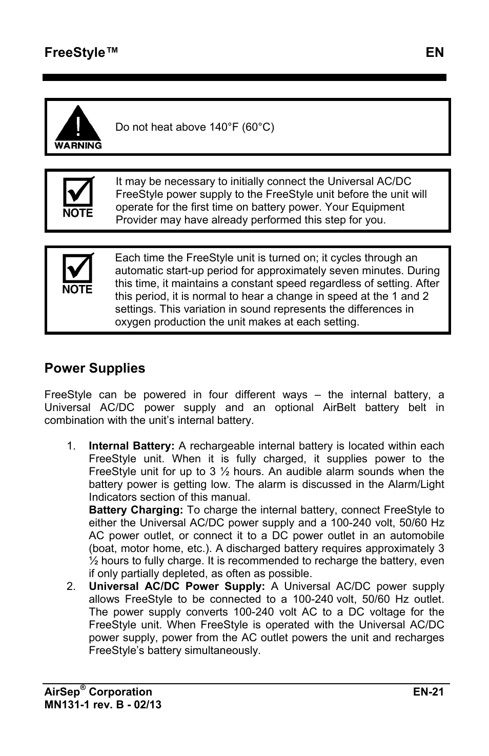 Freestyle™ en, Power supplies | AirSep MN131-1 B User Manual | Page 233 / 556