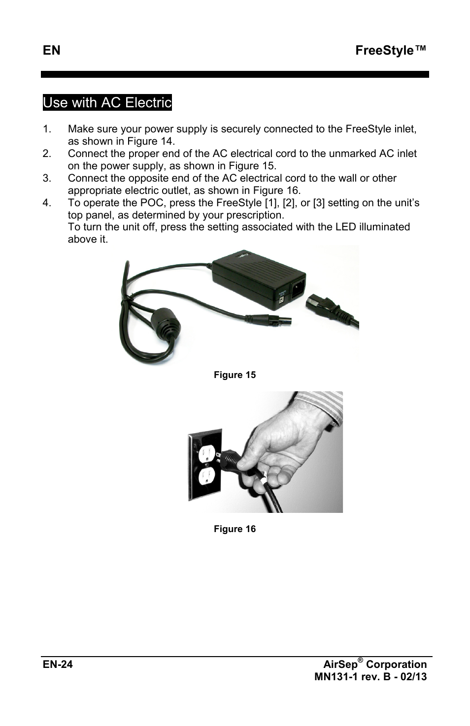 Use with ac electric, Freestyle | AirSep MN131-1 B User Manual | Page 236 / 556